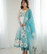 Elegant aqua blue organza silk floral anarkali suit with dupatta