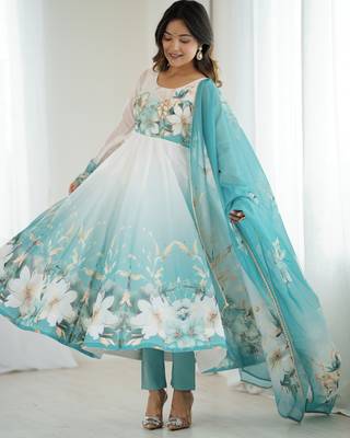 Elegant aqua blue organza silk floral anarkali suit with dupatta 2