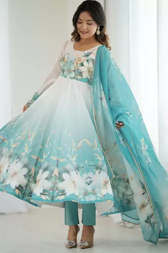 Elegant aqua blue organza silk floral anarkali suit with dupatta