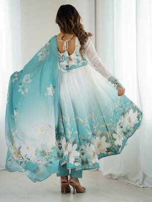 Elegant aqua blue organza silk floral anarkali suit with dupatta 3