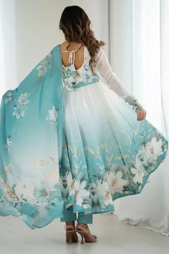 Elegant aqua blue organza silk floral anarkali suit with dupatta