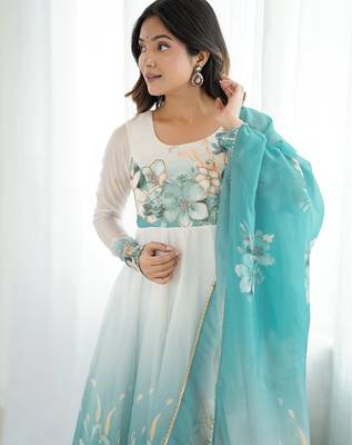 Elegant aqua blue organza silk floral anarkali suit with dupatta 4