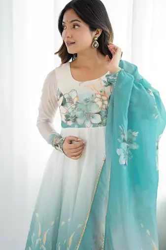 Elegant aqua blue organza silk floral anarkali suit with dupatta