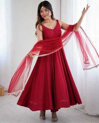 Bright maroon flared anarkali suit set with dupatta and pants 1