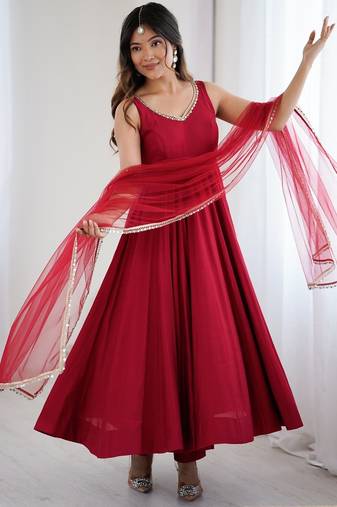 Bright maroon flared anarkali suit set with dupatta and pants