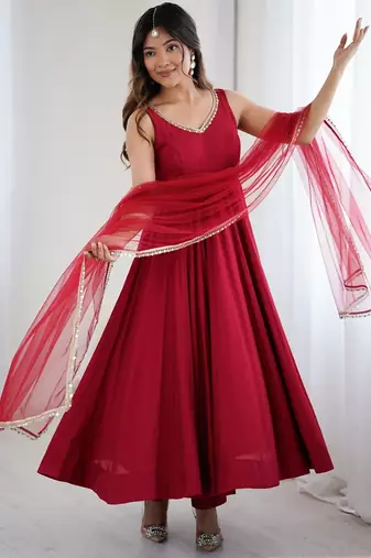 Bright maroon flared anarkali suit set with dupatta and pants