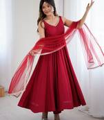 Bright maroon flared anarkali suit set with dupatta and pants