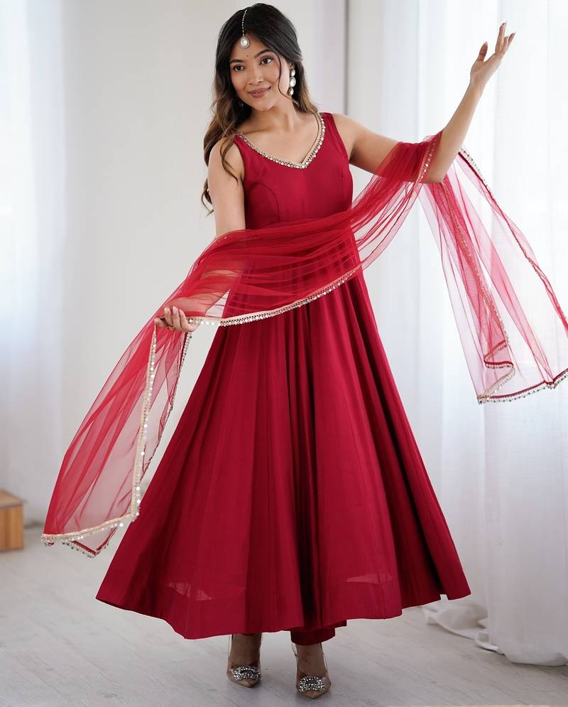 Bright maroon flared anarkali suit set with dupatta and pants