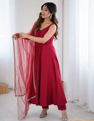Bright maroon flared anarkali suit set with dupatta and pants 2
