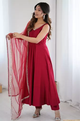 Bright maroon flared anarkali suit set with dupatta and pants