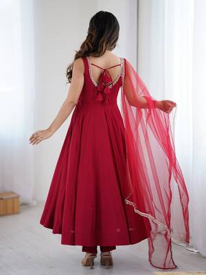 Bright maroon flared anarkali suit set with dupatta and pants 3