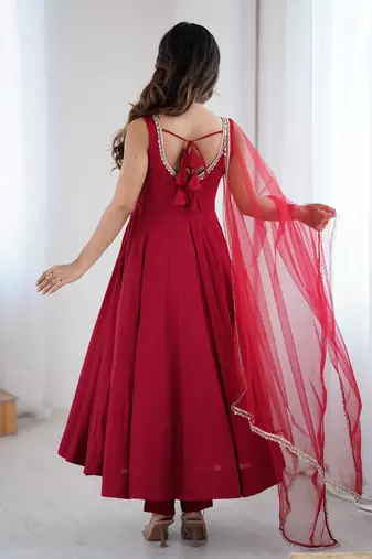 Bright maroon flared anarkali suit set with dupatta and pants