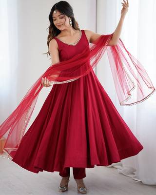 Bright maroon flared anarkali suit set with dupatta and pants 5