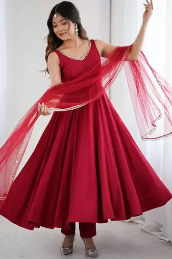 Bright maroon flared anarkali suit set with dupatta and pants