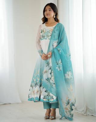 Elegant aqua blue organza silk floral anarkali suit with dupatta 5
