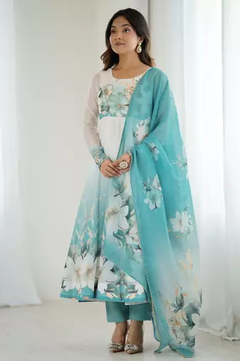 Elegant aqua blue organza silk floral anarkali suit with dupatta