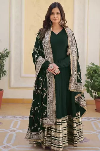 Elegant green georgette anarkali gown with heavy sequin embroidery work