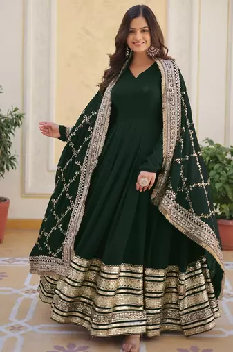 Elegant green georgette anarkali gown with heavy sequin embroidery work
