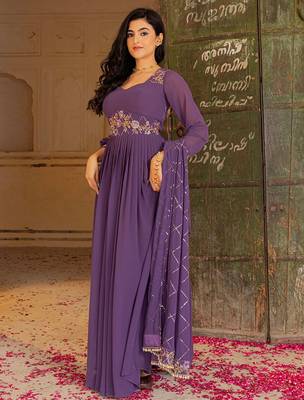Elegant purple georgette embroidered gown with zari and sequin detailing 1