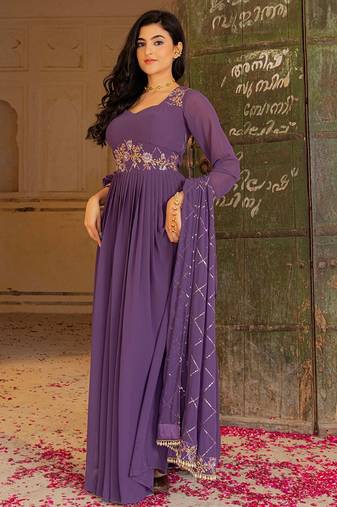 Elegant purple georgette embroidered gown with zari and sequin detailing
