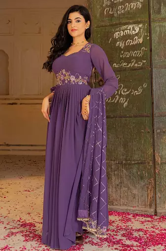 Elegant purple georgette embroidered gown with zari and sequin detailing