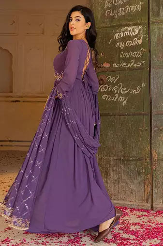 Elegant purple georgette embroidered gown with zari and sequin detailing