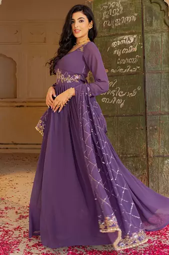 Elegant purple georgette embroidered gown with zari and sequin detailing