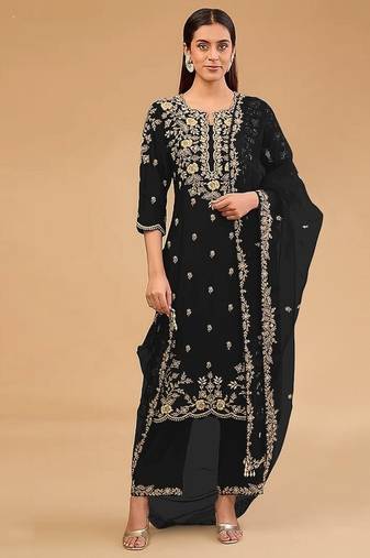 Black vichitra blooming with embroidered sequence & thread work unstitched suit