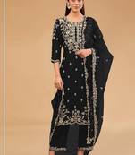 Black vichitra blooming with embroidered sequence & thread work unstitched suit