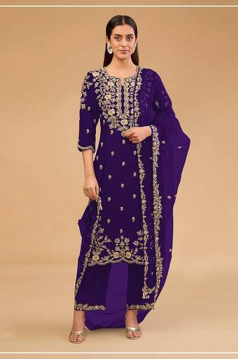 Purple vichitra blooming with embroidered sequence & thread work unstitched suit