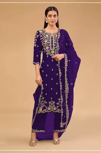 Purple vichitra blooming with embroidered sequence & thread work unstitched suit