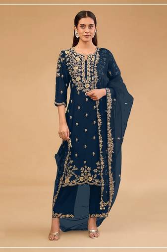 Teal vichitra blooming with embroidered sequence & thread work unstitched suit
