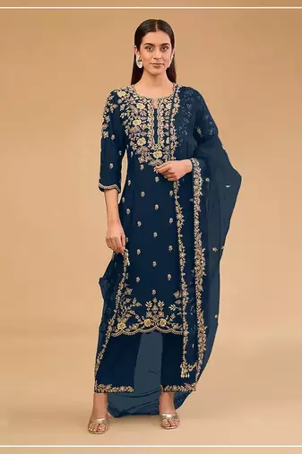 Teal vichitra blooming with embroidered sequence & thread work unstitched suit
