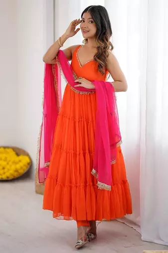 Orange georgette anarkali with ruffle  Anarkali with pink dupatta