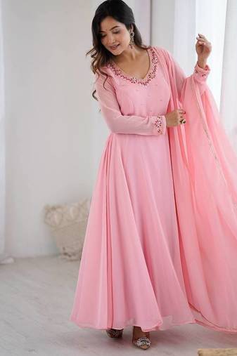 Peach fox georgette gown with handwork on neck & sleeves, full stitch anarkali style with matching dupatta