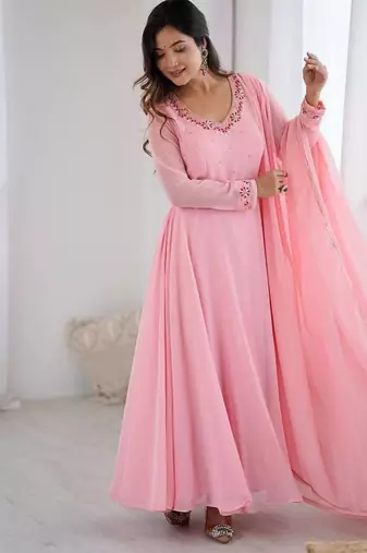 Peach fox georgette gown with handwork on neck & sleeves, full stitch anarkali style with matching dupatta