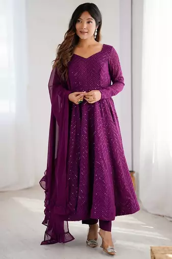 Wine jari work pure soft organja silk full stich anarkali gown with bottom and dupatta