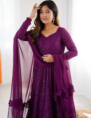 Wine jari work pure soft organja silk full stich anarkali gown with bottom and dupatta 5