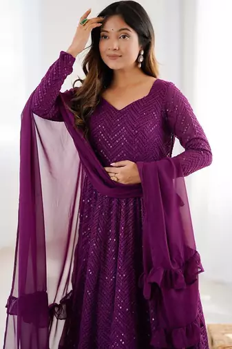 Wine jari work pure soft organja silk full stich anarkali gown with bottom and dupatta
