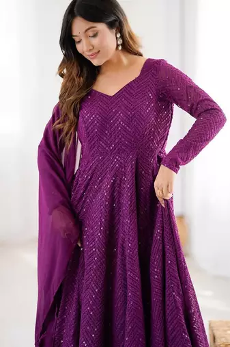 Wine jari work pure soft organja silk full stich anarkali gown with bottom and dupatta