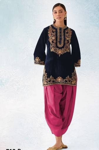 Navyblue pure velvet with embroiderey 3mm sequence & thread work unstitched suit