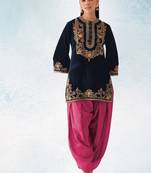 Navyblue pure velvet with embroiderey 3mm sequence & thread work unstitched suit