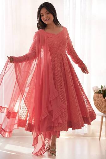 Peach jari work  pure soft  organja silk  full stich anarkali gown with bottom and dupatta