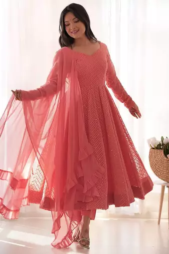 Peach jari work  pure soft  organja silk  full stich anarkali gown with bottom and dupatta