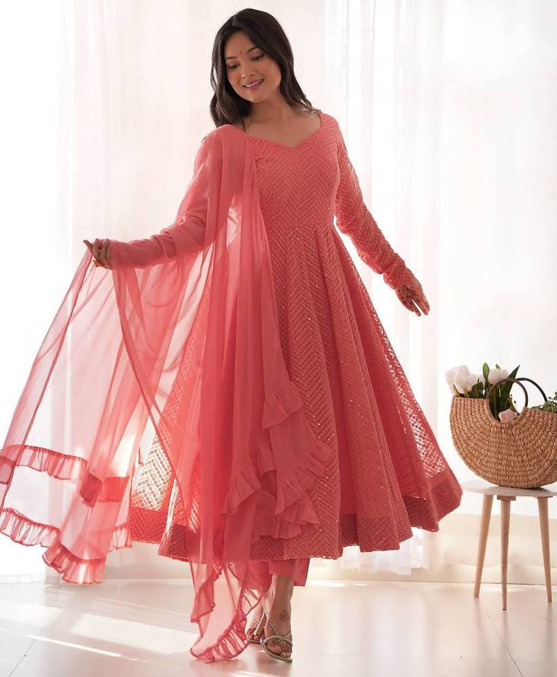 Peach jari work  pure soft  organja silk  full stich anarkali gown with bottom and dupatta