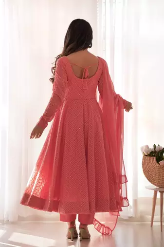 Peach jari work pure soft organja silk full stich anarkali gown with bottom and dupatta