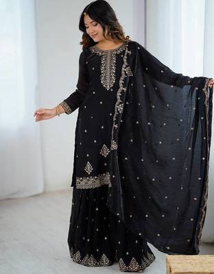 Black soft crunchy silk fabric with fancy embroidery sequence and jari work full stitch sharara set 1