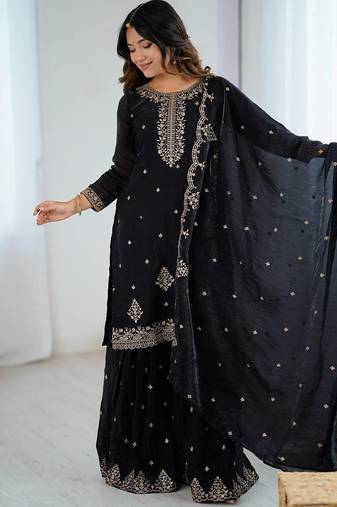Black soft crunchy silk  fabric with fancy embroidery sequence and jari work full stitch sharara set