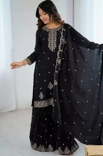 Black soft crunchy silk  fabric with fancy embroidery sequence and jari work full stitch sharara set