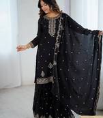 Black soft crunchy silk fabric with fancy embroidery sequence and jari work full stitch sharara set